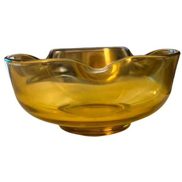 VTG Viking Rounded / Folded Edge Footed Trinket Dish Bowl MCM Amber Yellow Glass - Picture 2 of 7